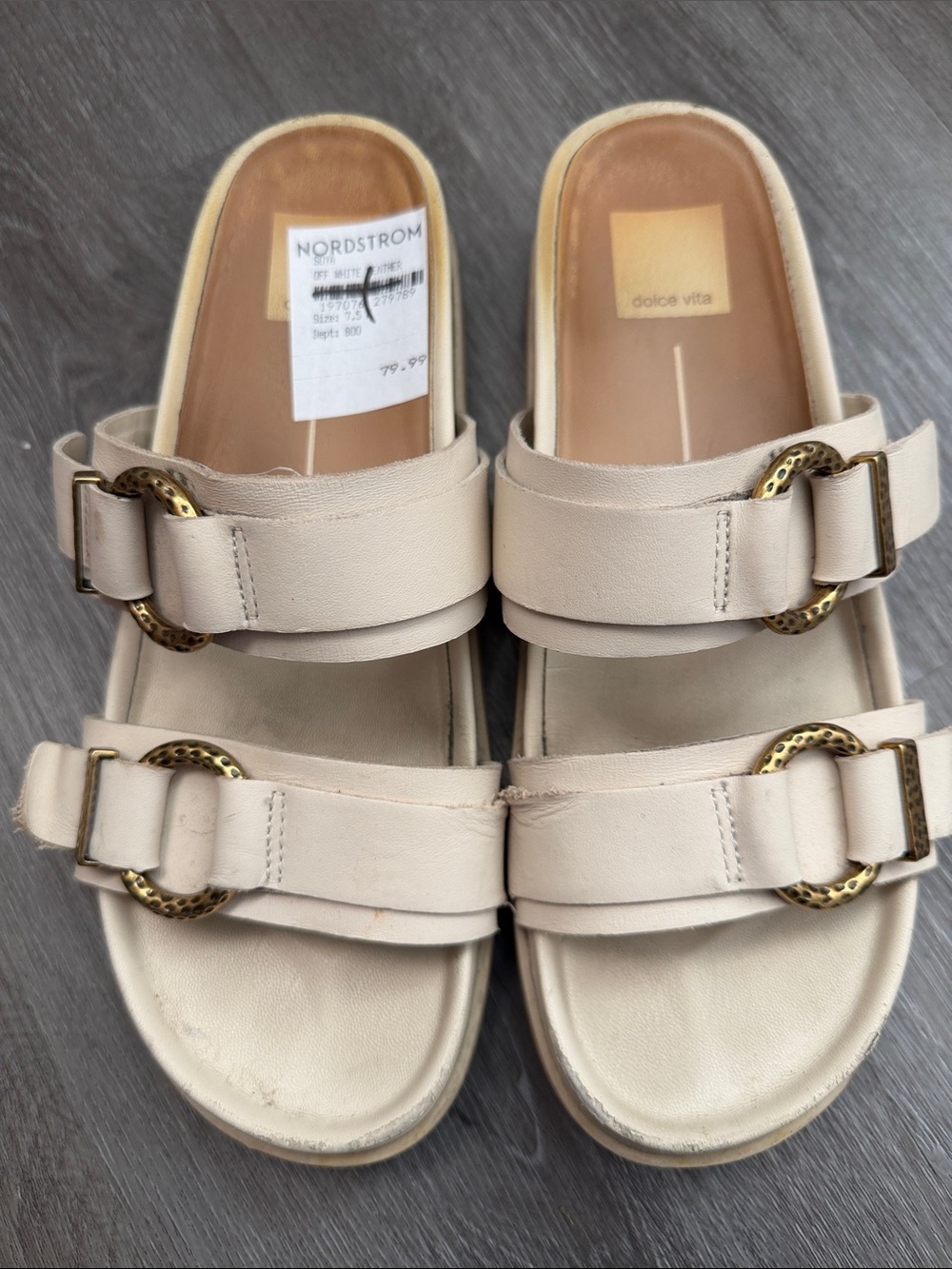 Dolce Vita Cream Leather Double-Band Slide Mules with Gold Buckles